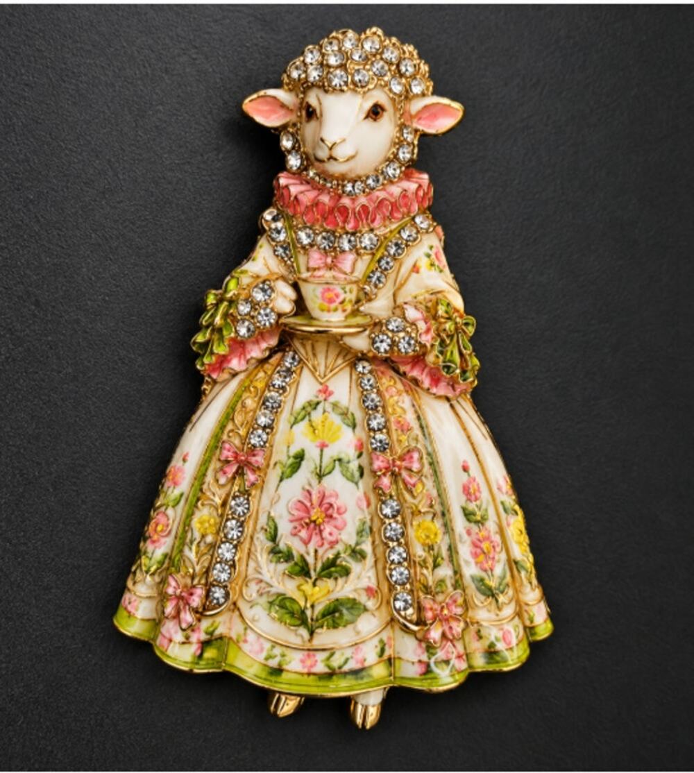 Rococo Court Sheep Brooch Floral Enamel Dress & Sparkling Rhinestones